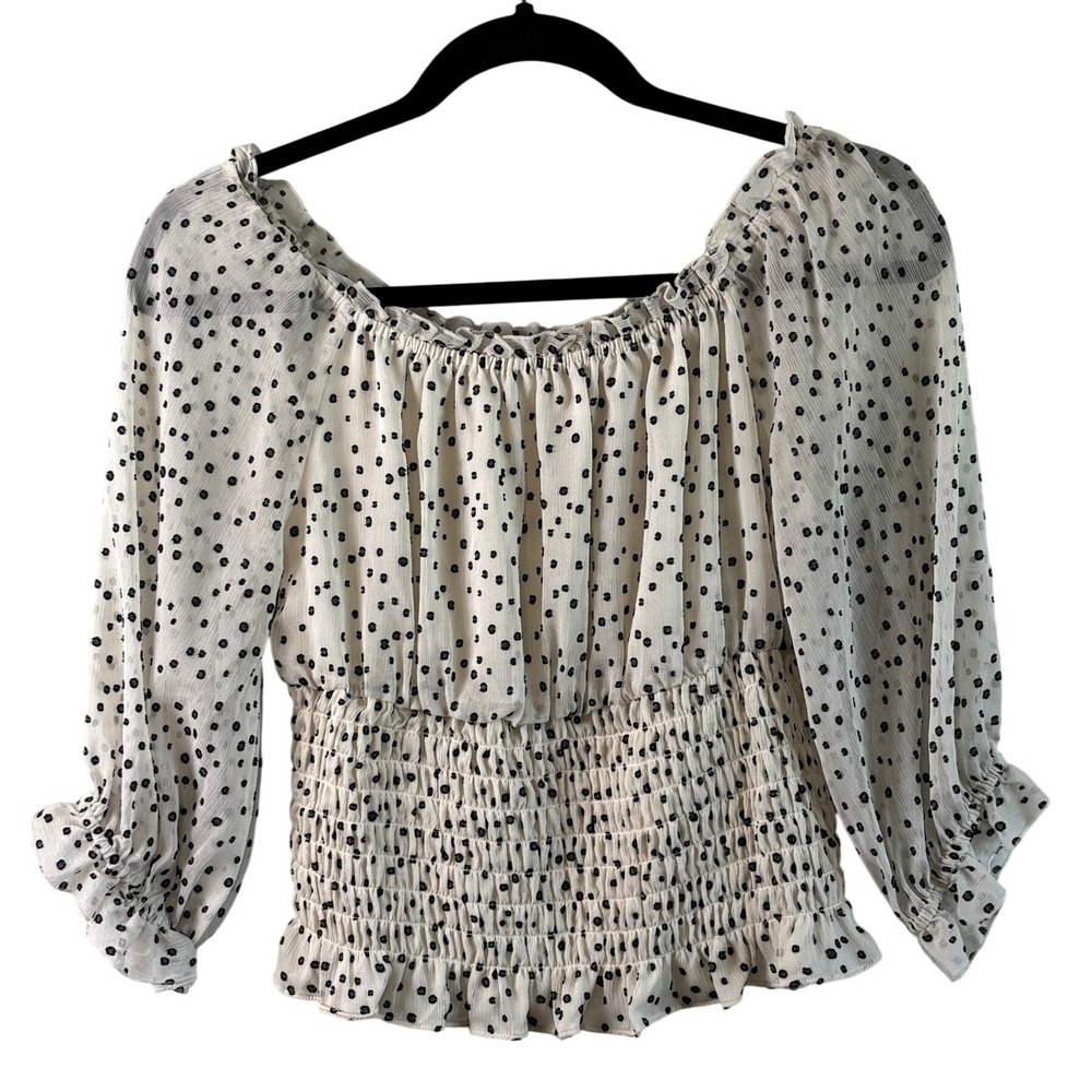 Anthropologie Blouse Cream Black Polka Dot Women Small Smocked Ruffle OB983213